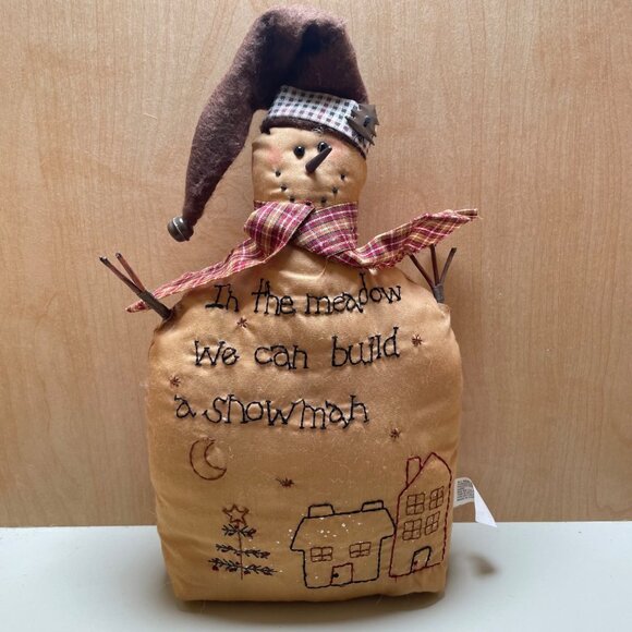 True Vintage Snowman Decoration 13” with Embroidered Saying weighted - Picture 1 of 10